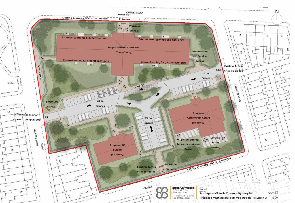 One option for the Accrington Victoria Community Hospital redevelopment, showing building layouts and landscaped areas.